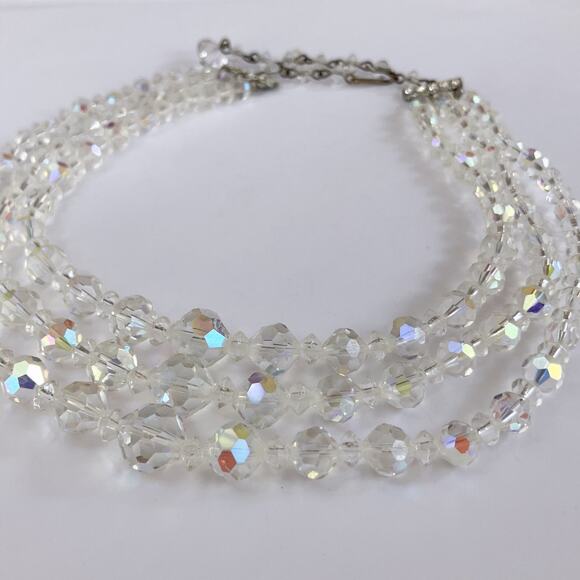 VTG Mid Century AB Crystal Triple Strand Necklace Aurora Borealis 1950s Bridal - Picture 9 of 12